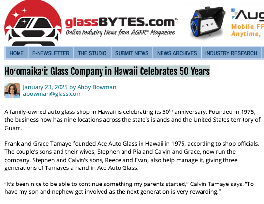Ace Auto Glass celebrates 50 years of service to Hawaii and Guam.